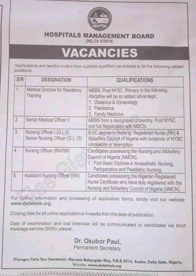 Delta State Hospital Management Board Recruitment for Graduates