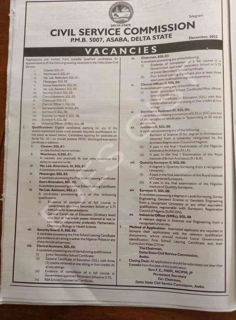 Delta State Civil Service Commission Recruitment