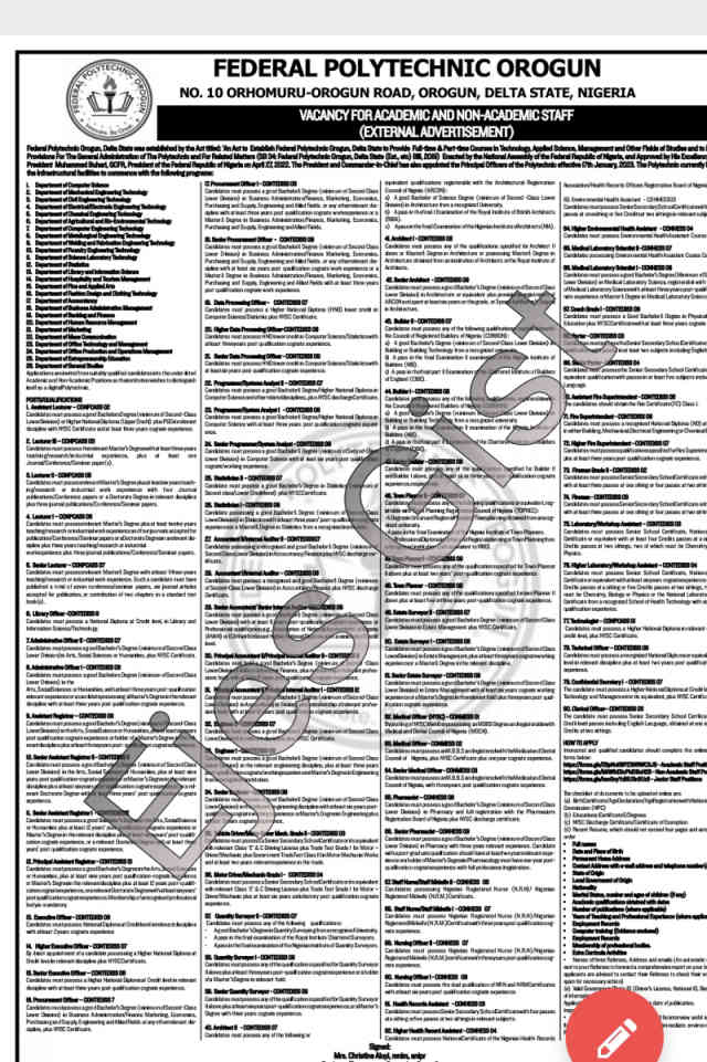 Federal Polytechnic Orogun Recruitment for