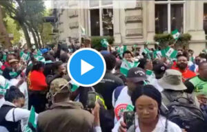 BREAKING: Massive Protest As Nigerians Storm UK Embassy In London, Accused INEC Chairman of Rigging Election [VIDEO]