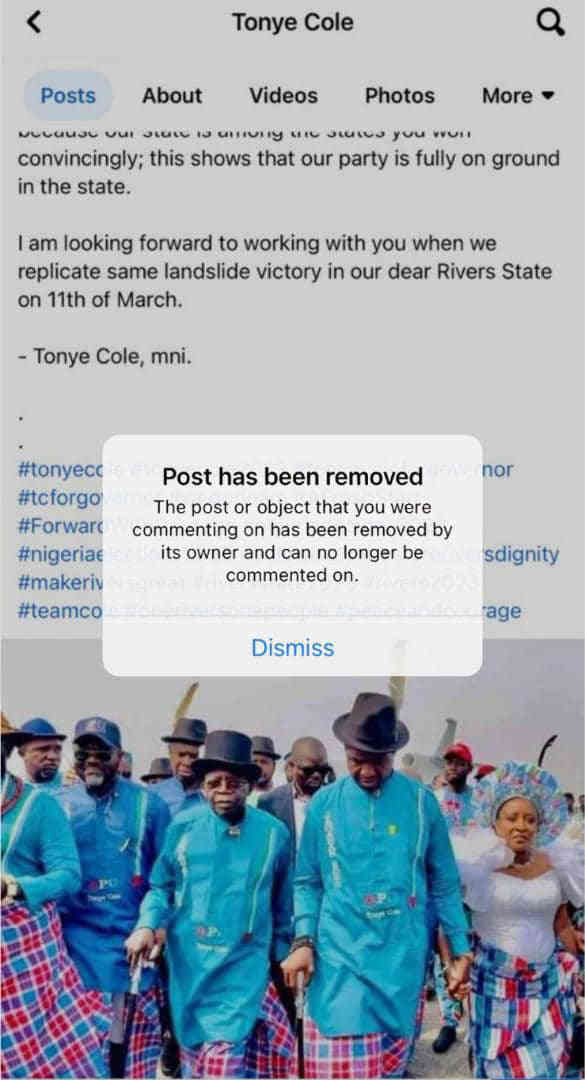 Rivers APC Guber Candidate, Tonye Cole Dissociate Self From Tinubu