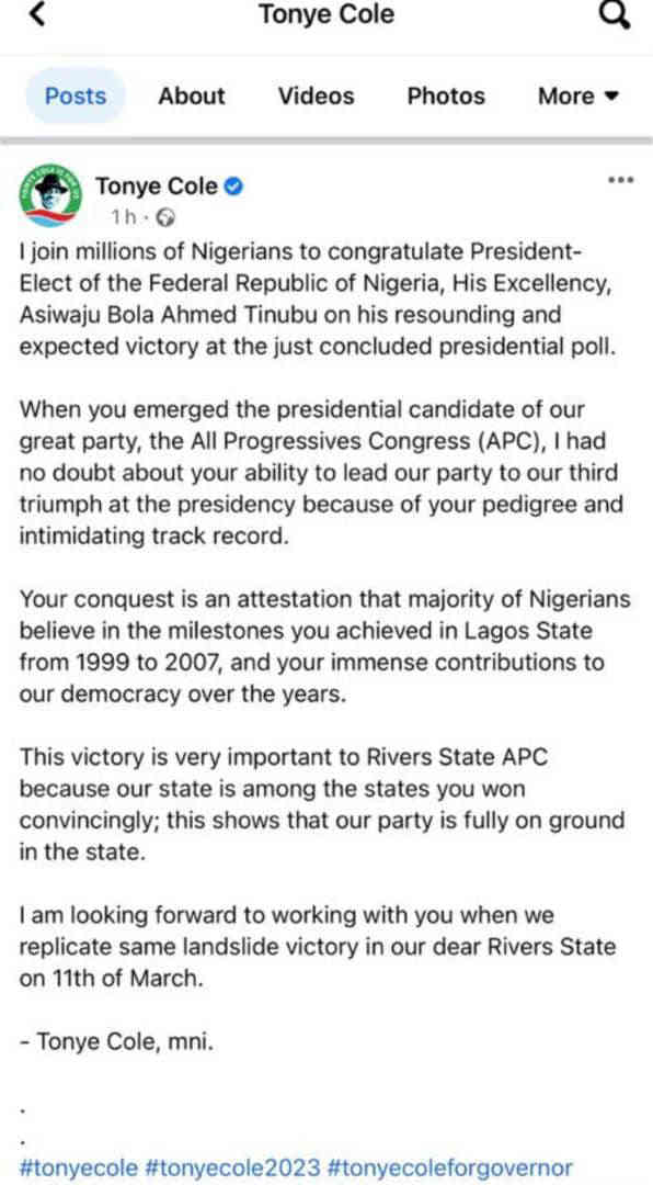 Rivers APC Guber Candidate, Tonye Cole Dissociate Self From Tinubu