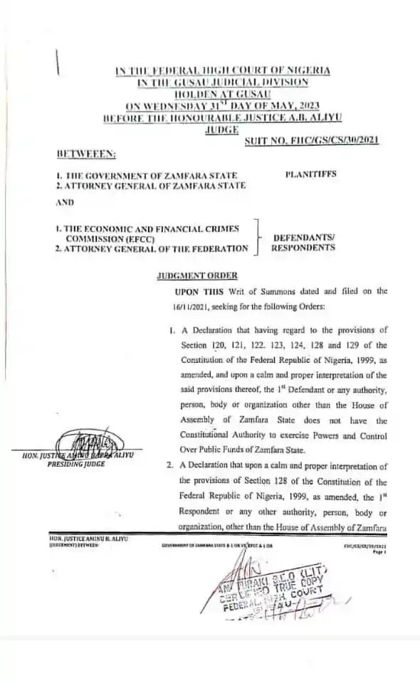 EFCC lacks constitutional powers to probe Zamfara State's accounts, court declares