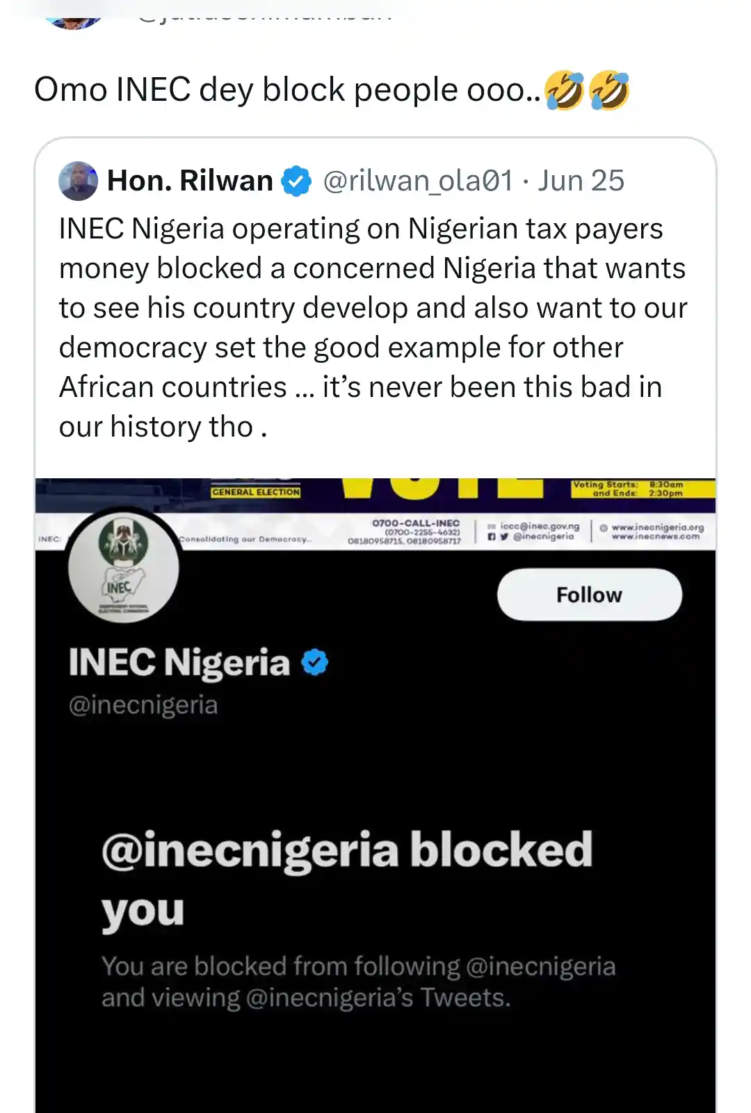 INEC begins blocking Peter Obi's supporters from viewing INEC's tweets, days after INEC attempted to manipulate IREV in favor of Tinubu to secure 25% in FCT
