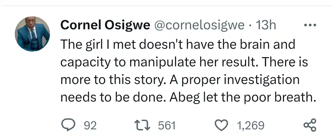 Let the poor breathe pls, The girl I met doesn't have the brain and capacity to manipulate her result,  Innoson Group dissmises JAMB reports. 