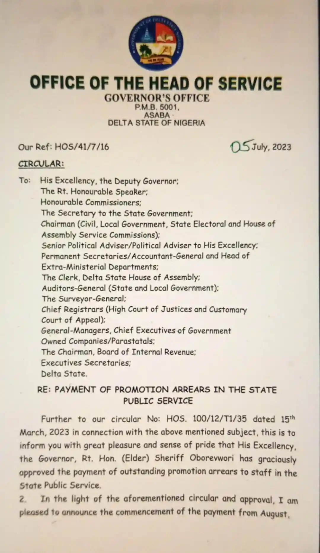 Governor Sheriff Oborevwori Approves Payment of Arrears for Civil Servants