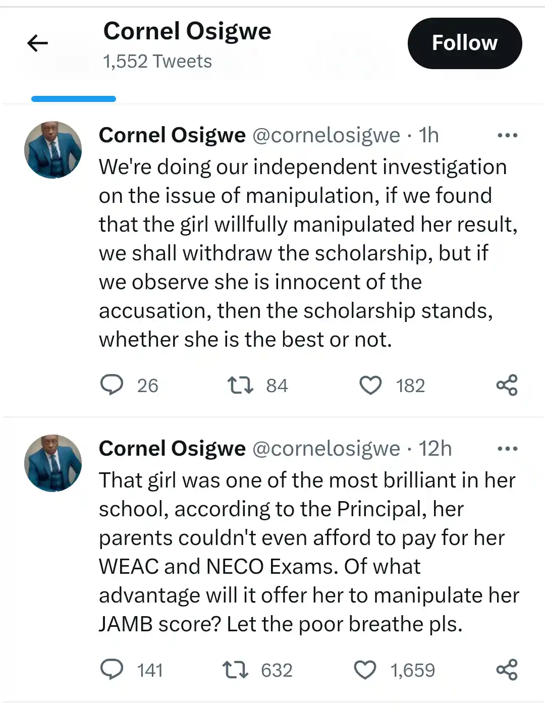 Let the poor breathe pls, The girl I met doesn't have the brain and capacity to manipulate her result,  Innoson Group dissmises JAMB reports. 