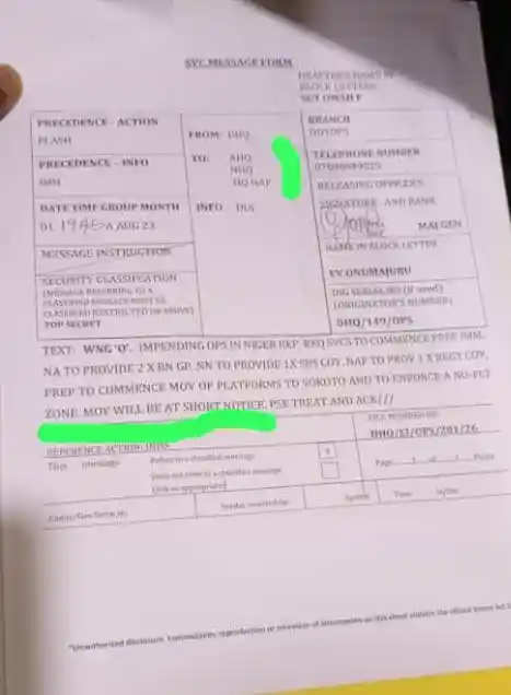 Tensions Escalate as Classified Document of Tinubu's Govt Mobilising Military to Attack Niger Leaked Online