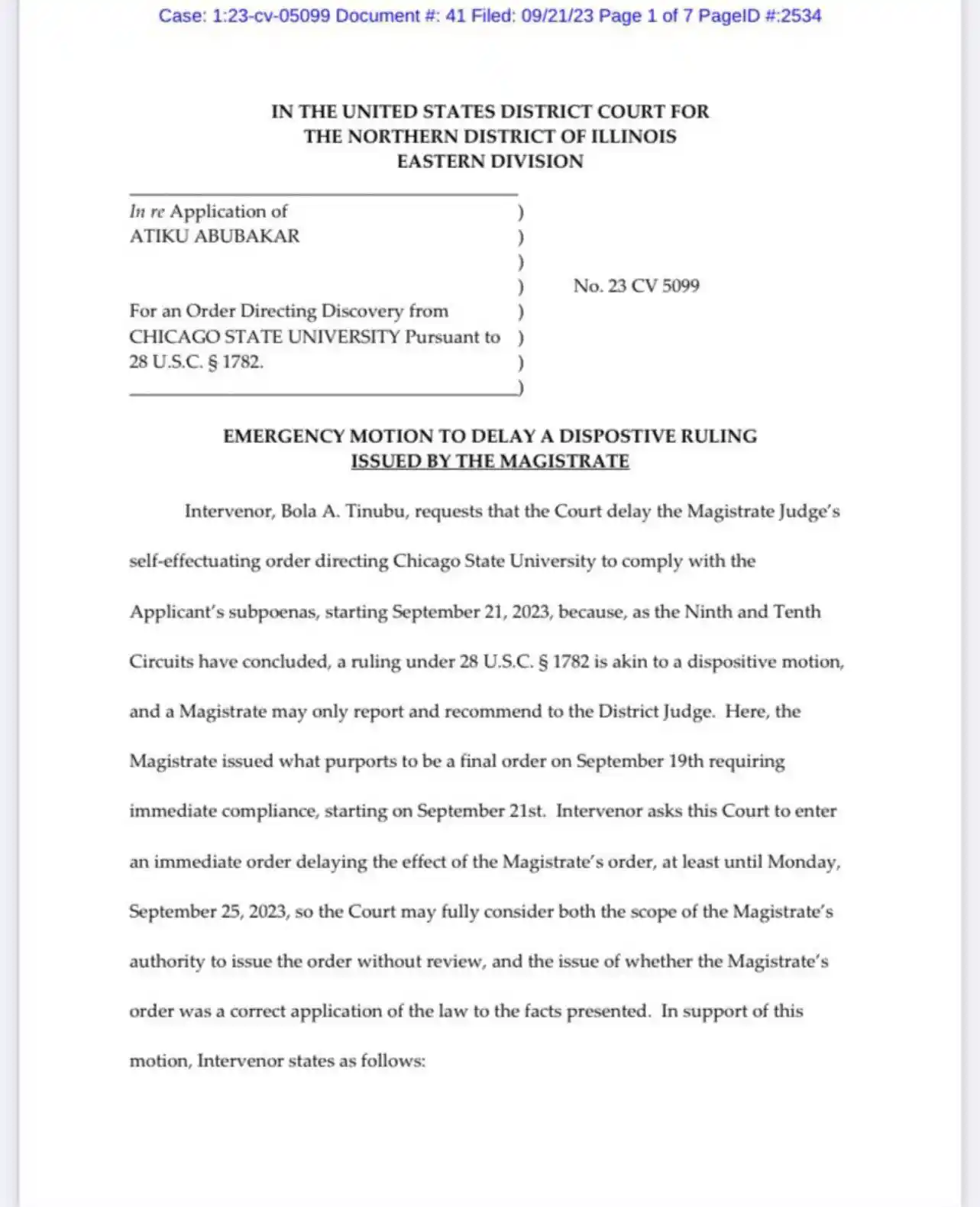 Bola Tinubu files emergency appeal to block Chicago State university from releasing records, testifying under oath