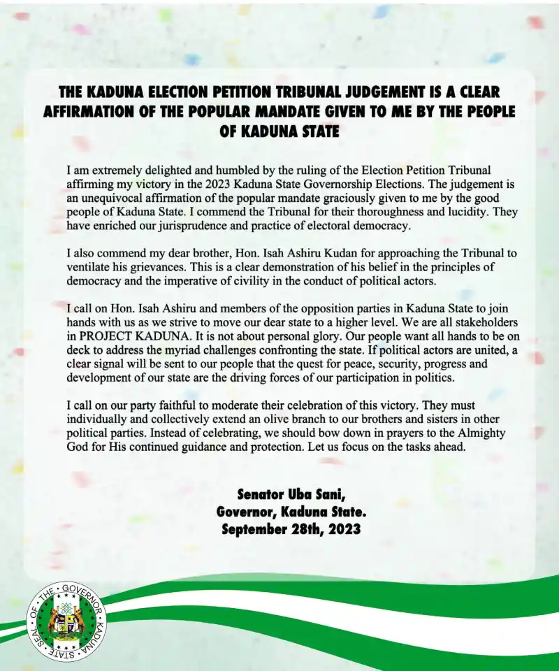 Confusion As Uba Sani Claims Victory In Kaduna Tribunal Ruling