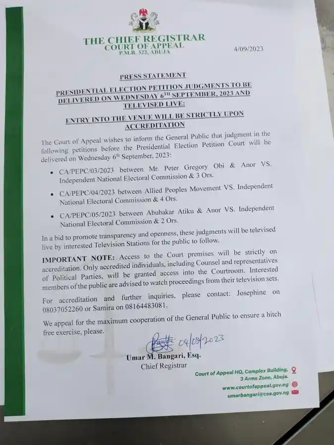 Official: Presidential Election Petition Tribunal to deliver verdict Sept 6