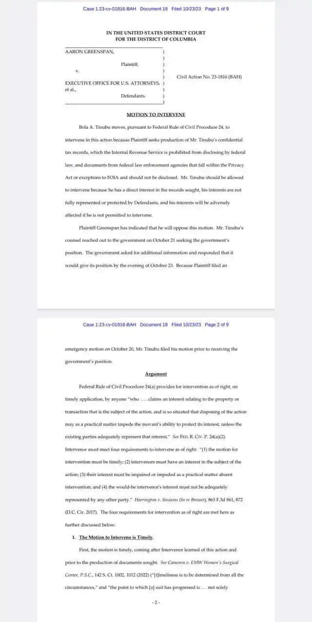 Tinubu Officially Files Motion to Stop FBI and CIA from Releasing Records That Could Make Him Lose His Seat as President