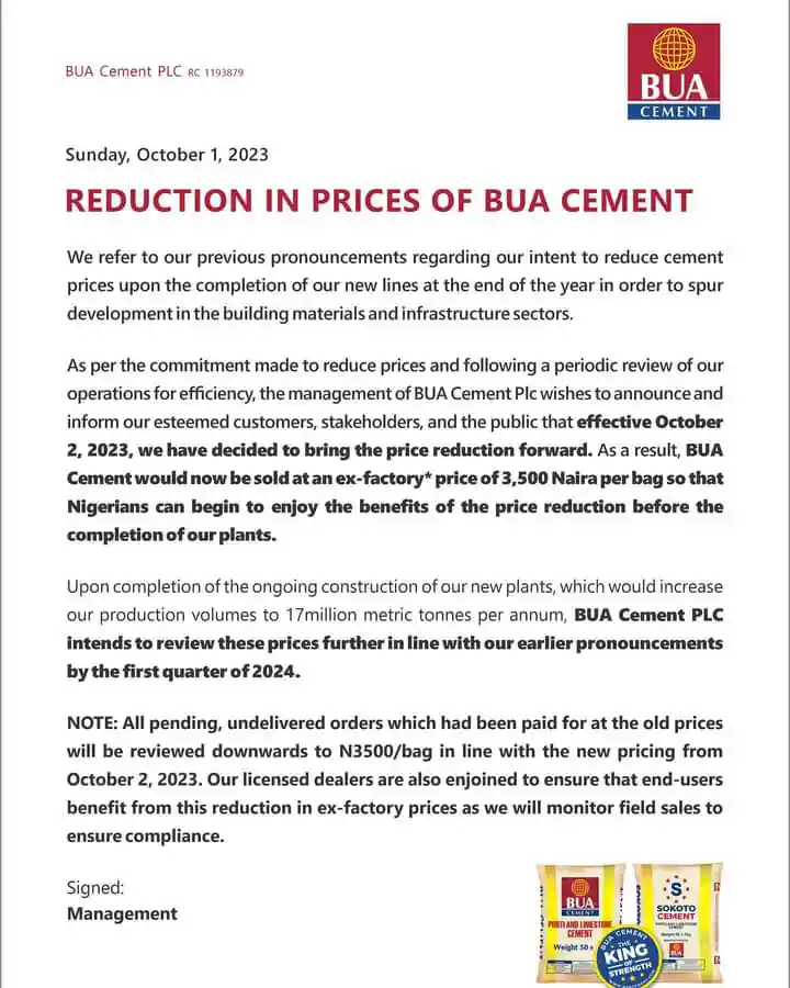 BUA reduces ex-factory cement price to 3,500 Per Bag