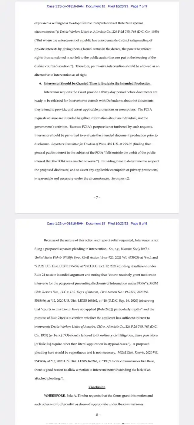 Tinubu Officially Files Motion to Stop FBI and CIA from Releasing Records That Could Make Him Lose His Seat as President