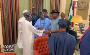 PDP governor dumps Atiku, joins APC leaders to congratulate Tinubu at Aso Rock (Video)