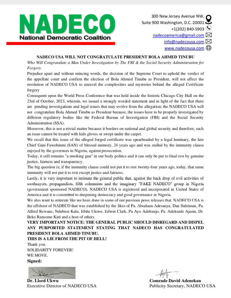 Tinubu is under investigation by the FBI and SSA; we will not congratulate him - NADECO."