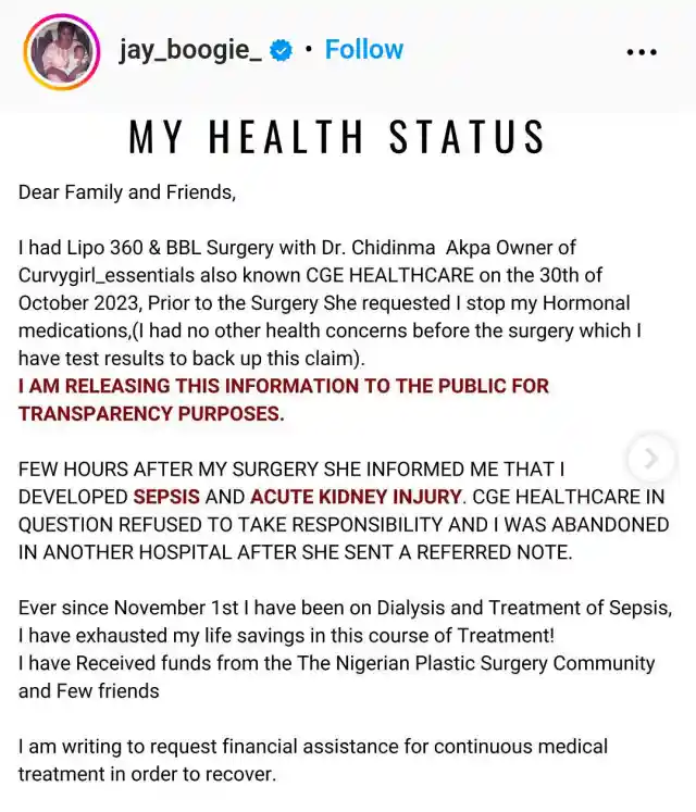 Jay Boogie solicits funds over failed BBL surgery