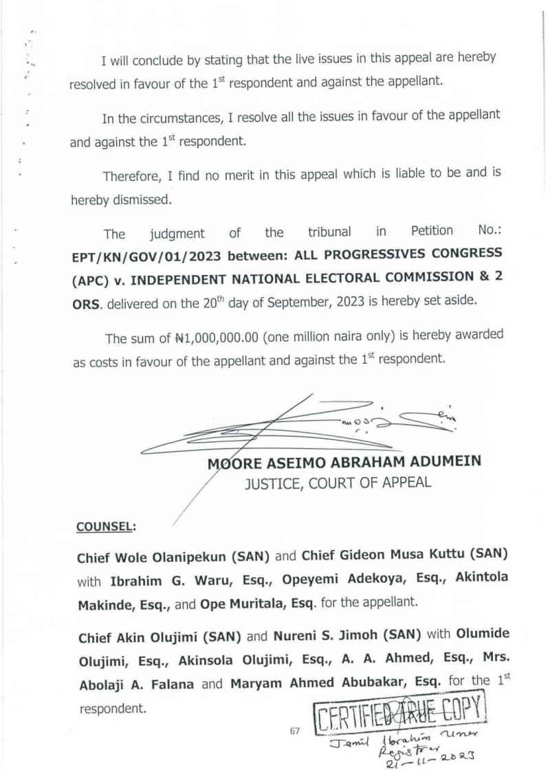 Appeal Court certified judgement didn't sack Kano Governor Abba Kabir Yusuf