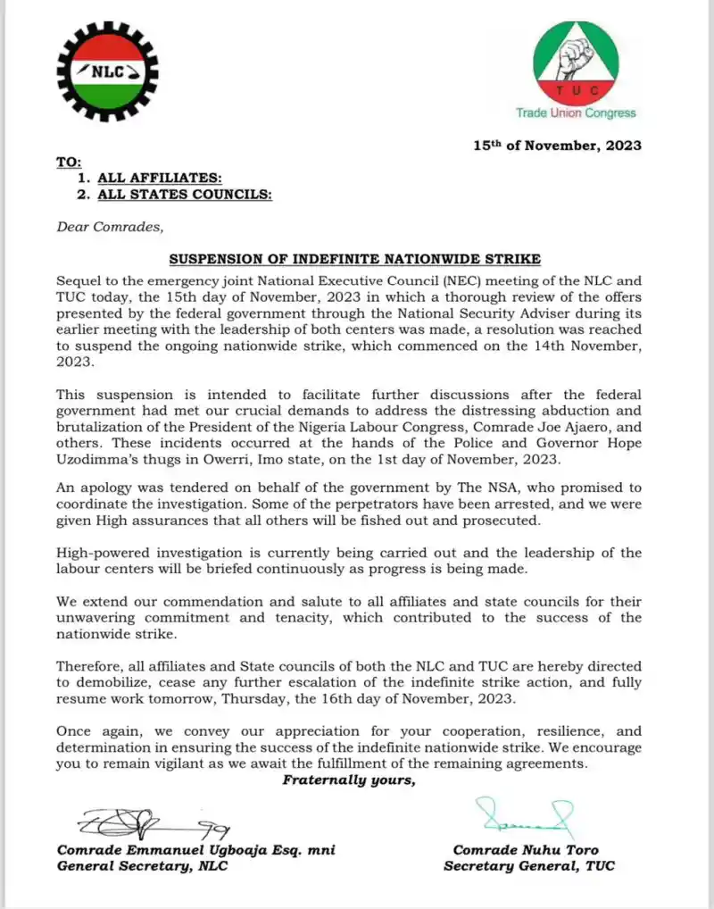 NLC, TUC Suspend Nationwide Strike