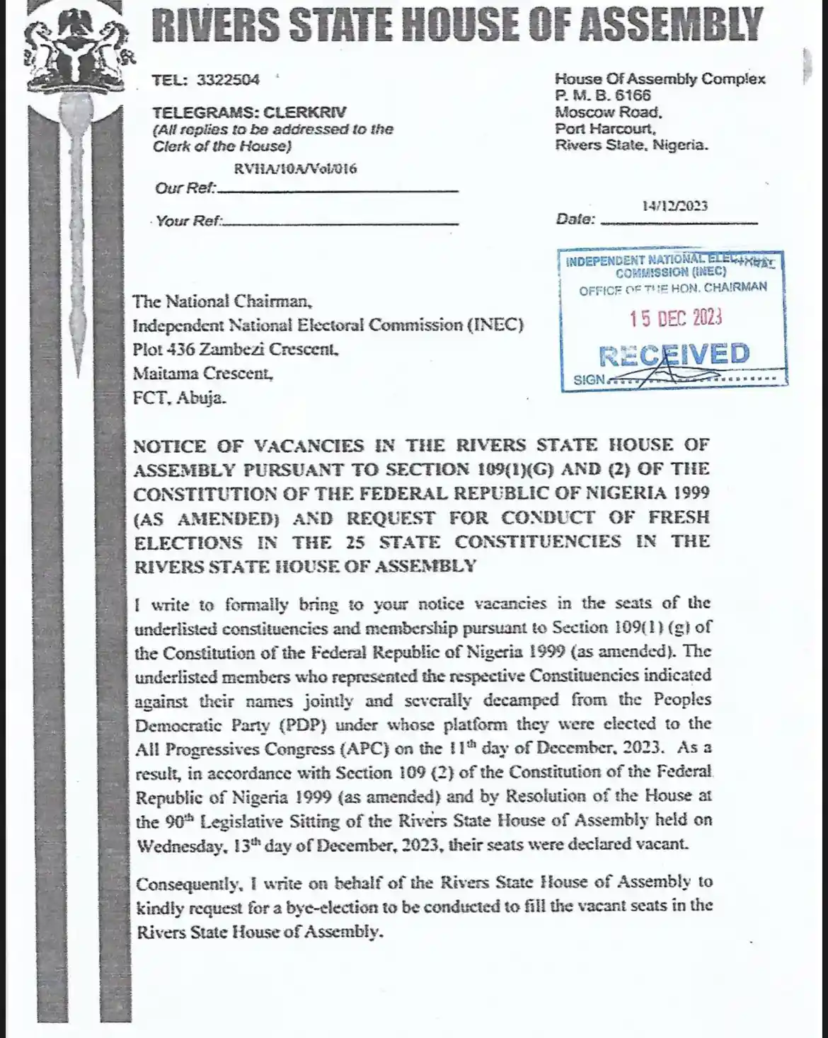 Speaker Ehie Edison Notifies INEC of 25 Vacancies, Calls for Bye-Election