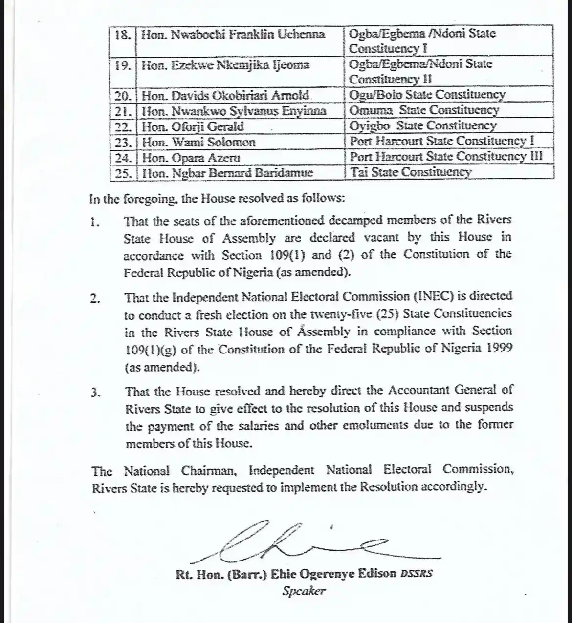 Speaker Ehie Edison Notifies INEC of 25 Vacancies, Calls for Bye-Election