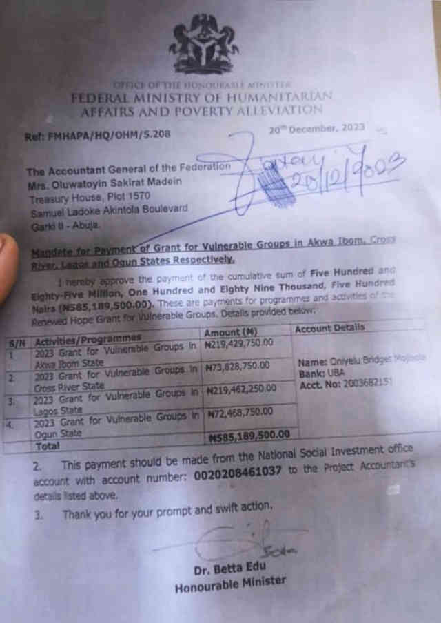 Betta Edu Reveals why she pay N585m meant for Poor People into private account