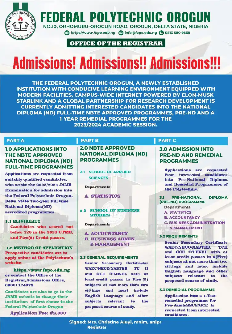 federal polytechnic orogun courses offered