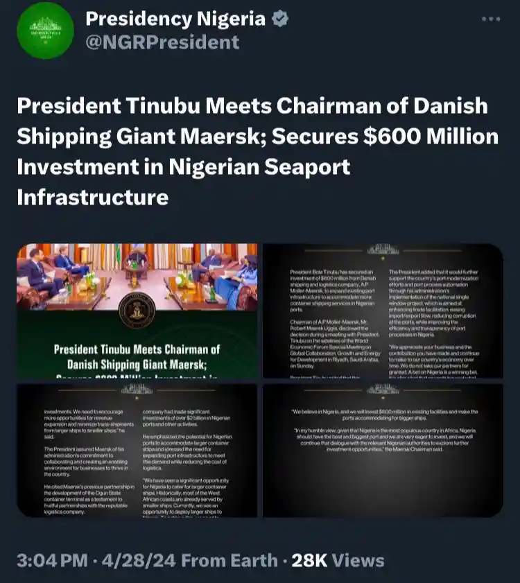 Maersk Denies Signing $600 Million Investment Deal with President Tinubu