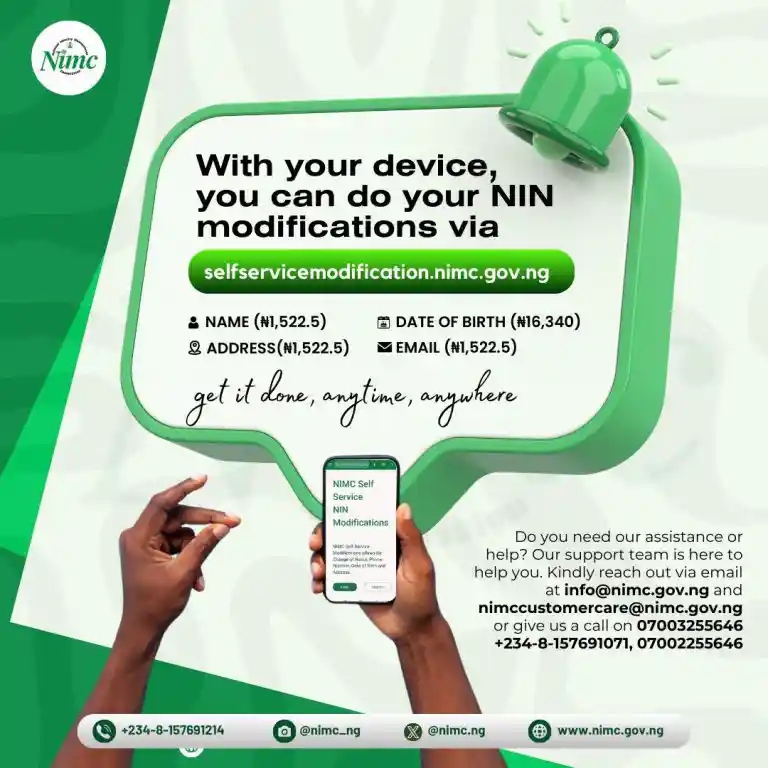 NIMC Releases Fees for NIN Date of Birth, Name, Phone Number, Address, and Other Modifications (Full Details)