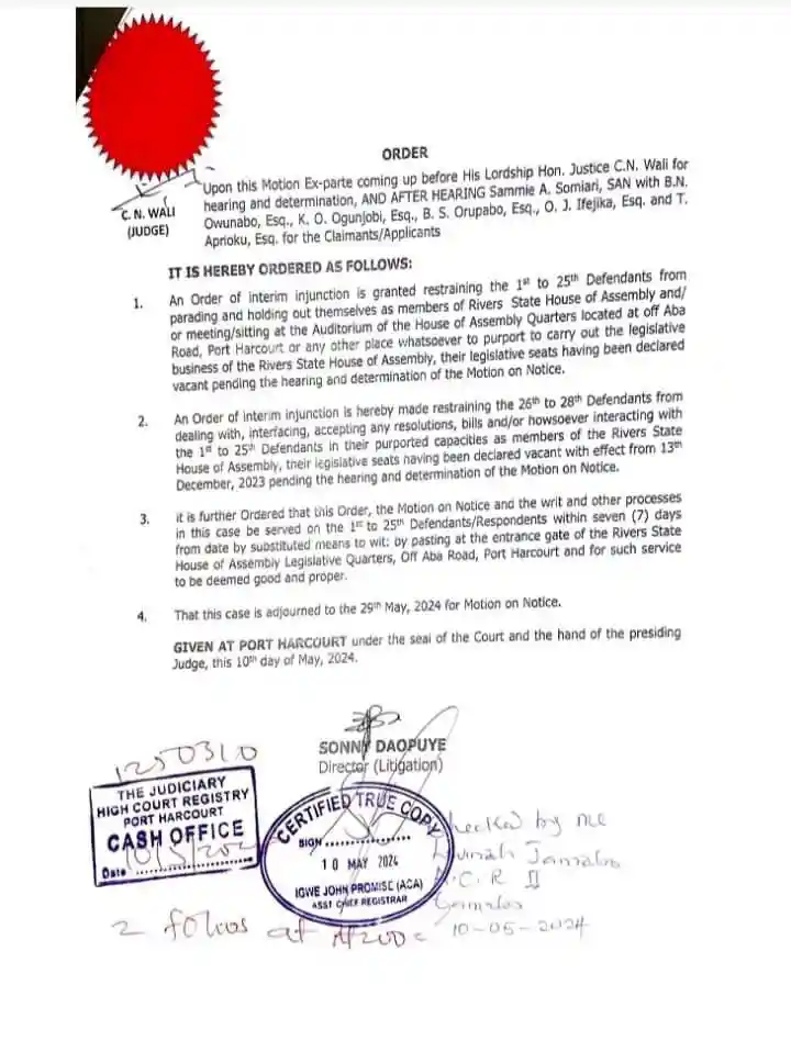 Court Bars Rivers Assembly Speaker, Amaewhule, and 24 Others from Parading as Lawmakers