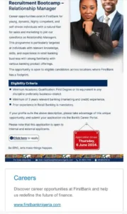 First Bank Recruitment for Relationship Manager
