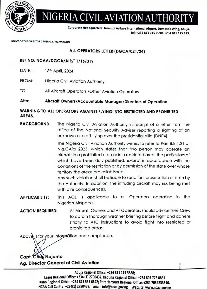 Unknown Aircraft Flies Above Aso Rock Unrestricted, Sparking Fear; Presidency Issues Warning