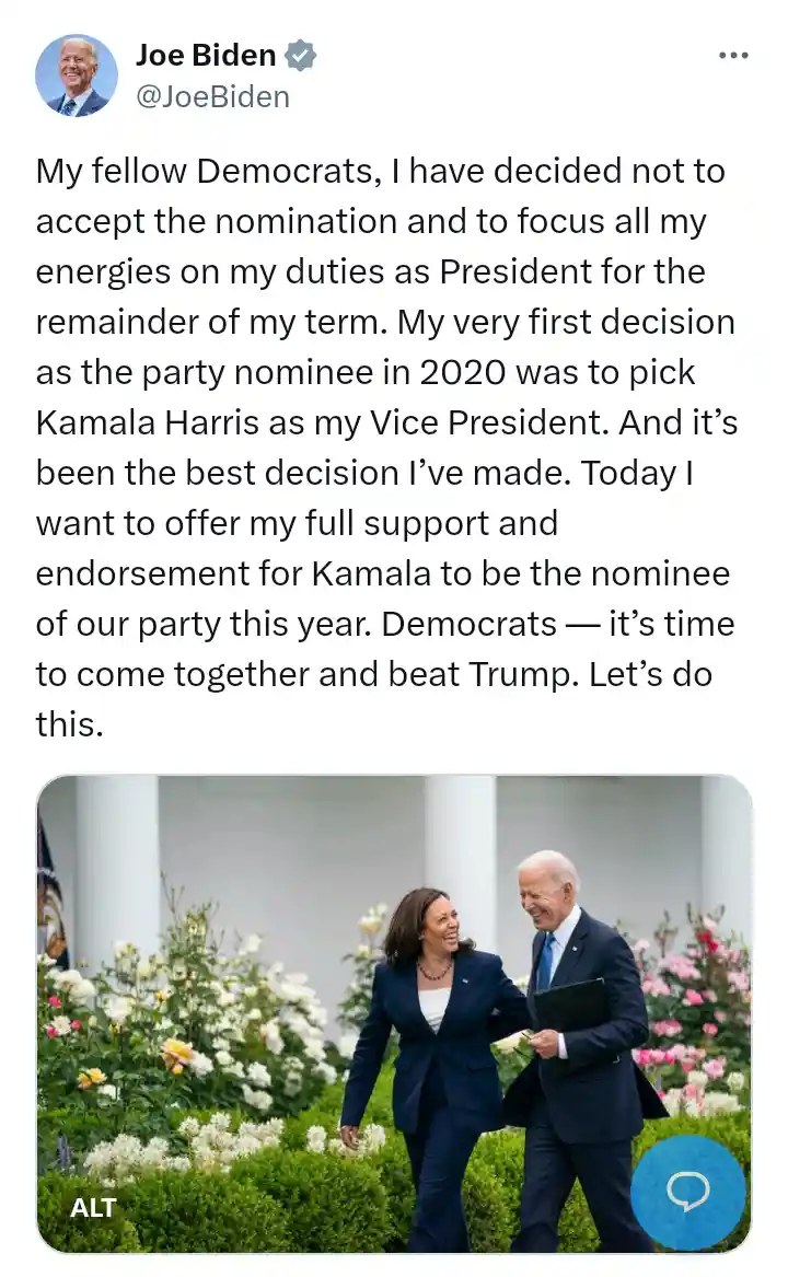 Biden Endorses Kamala Harris for 2024 US Presidential Race Withdrawn from 2024 Presidential Race.