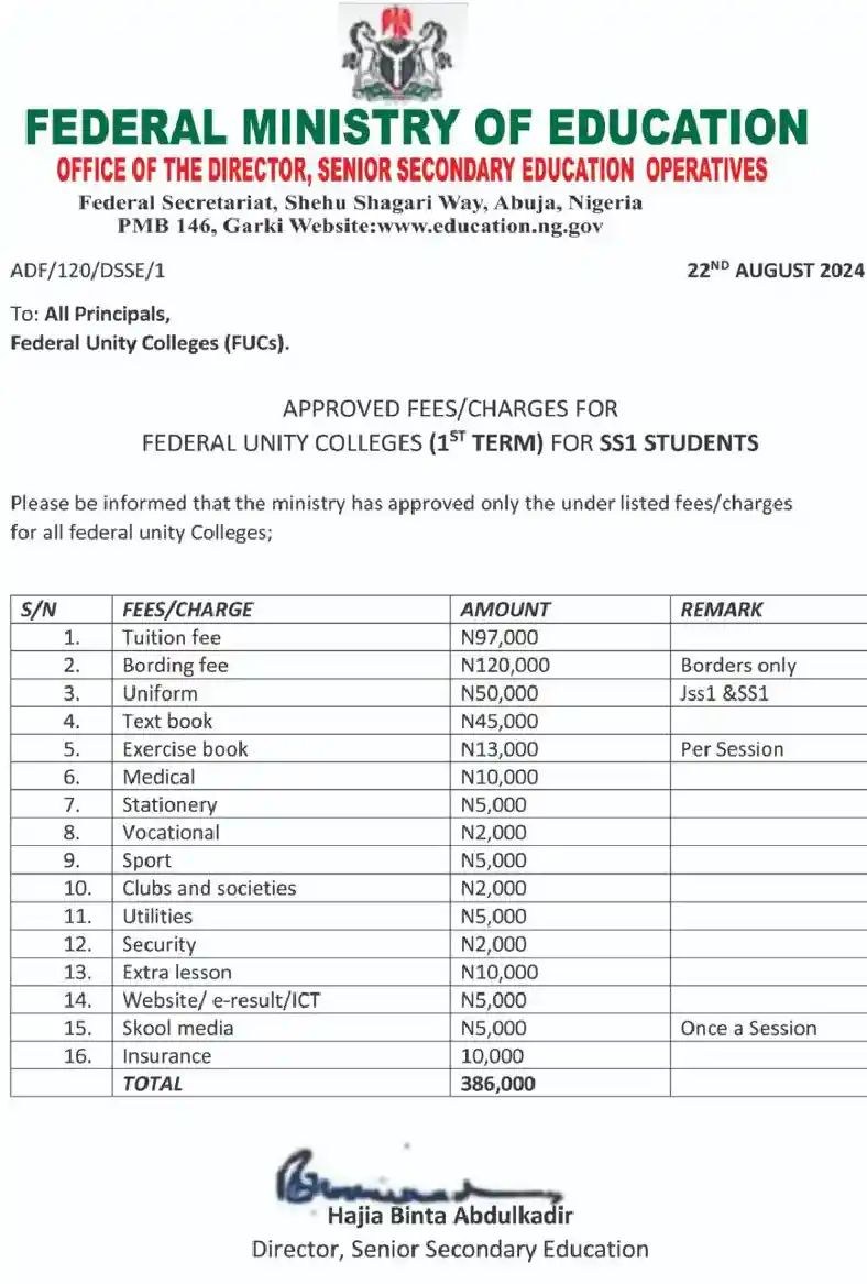 FG Announces N386,000 Fees for Students in Unity Colleges