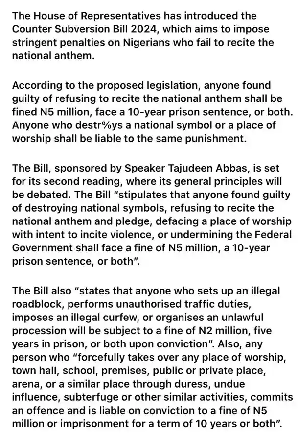 Breaking: House of Reps seeks 10 Year prison sentence; N5million fine for Nigerians who refuse to recite national anthem