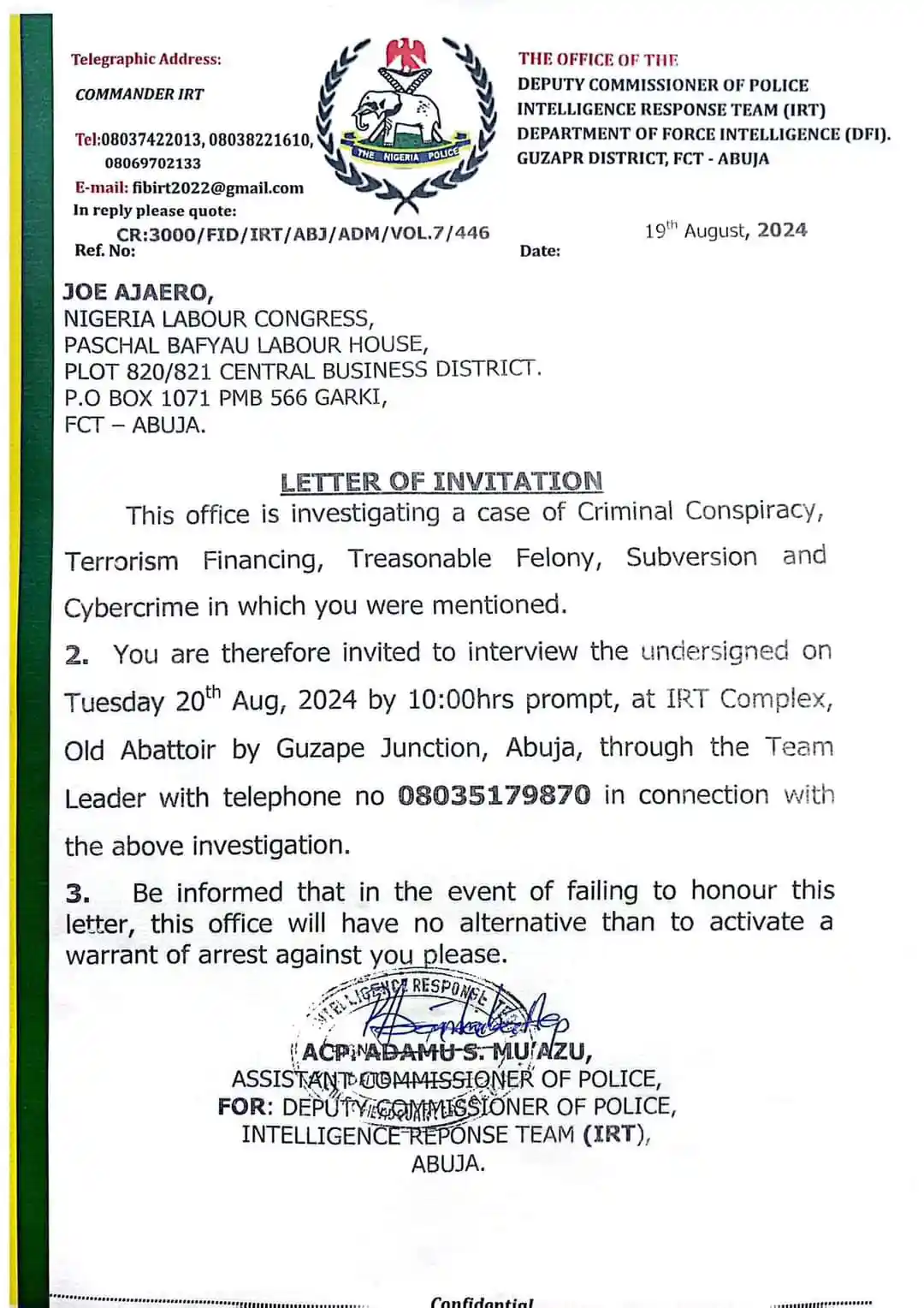 NLC President, Joe Ajaero, Summoned by Police for Alleged Terrorism Financing, Treasonable Felony (Full List)"