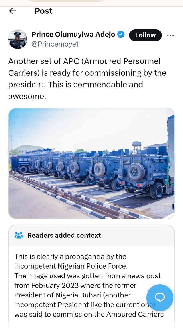 APC Propaganda Busted: Police Reuse 2023 Photo of Armoured Personnel Carrier Under Buhari to Falsely Showcase Tinubu Commissioning Same Equipment in 2024
