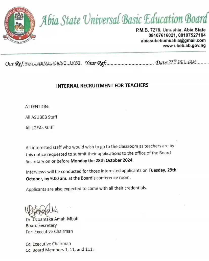 Abia State Universal Basic Education Board (ASUBEB) Recruitment for Classroom Teacher