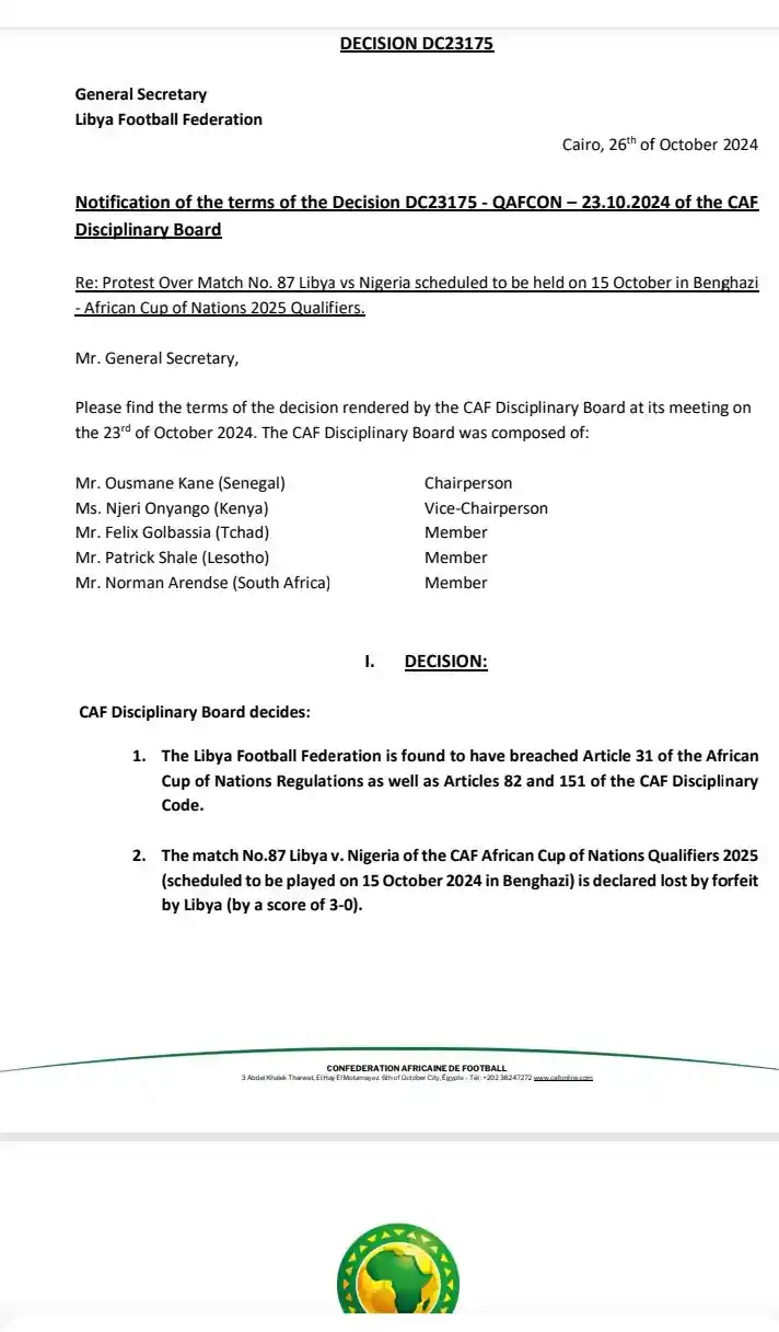 Libya to Forfeit Match Against Nigeria with 3 Goals as CAF Fines LFA $50,000"