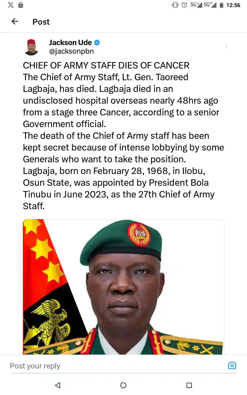 Breaking: Chief of Army Staff, Taoreed Lagbaja, Dies of Cancer? What We Know So Far
