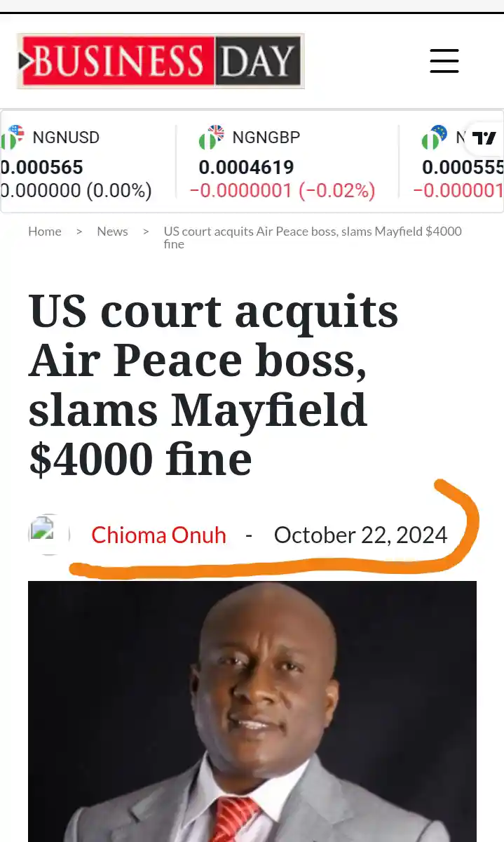 US Court Acquits Air Peace Boss, Fines Mayfield $4000