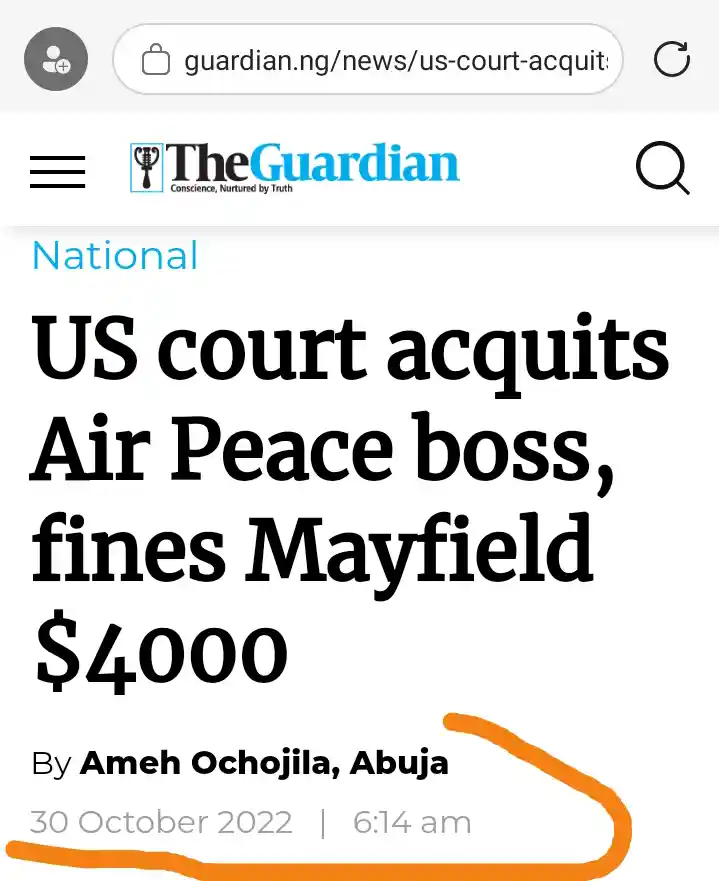 US court acquits Air Peace boss, fines Mayfield $4000