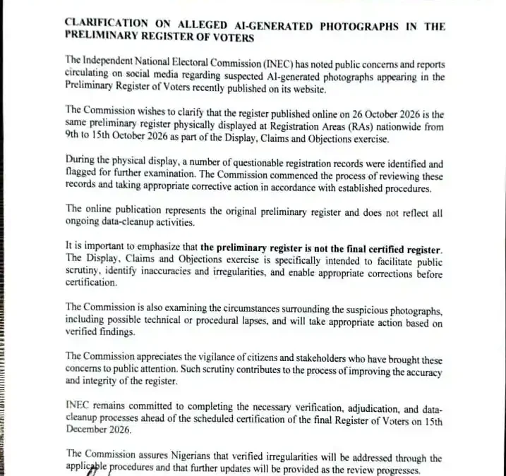 INEC Reviews Suspicious Voter Photos, Says Preliminary Register Not Final