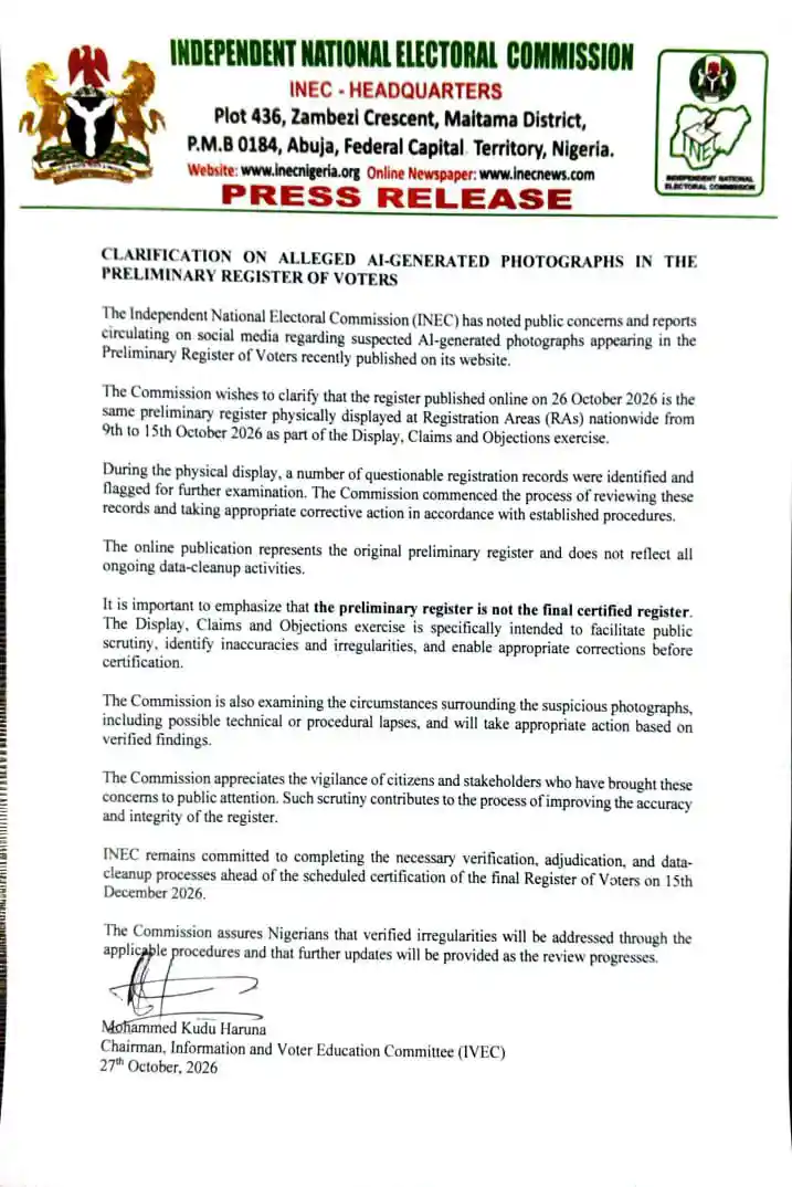 INEC Reviews Suspicious Voter Photos, Says Preliminary Register Not Final